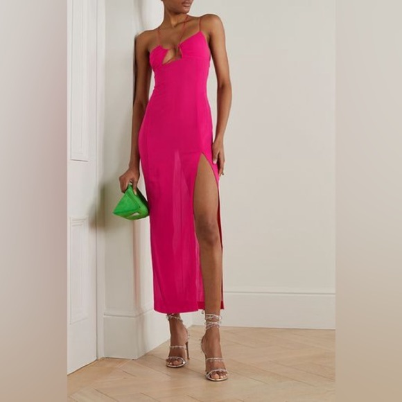 Nensi Dojaka Fuchsia Hot Pink Sleeveless Asymmetric Sheer Maxi Dress SZ Medium - Picture 8 of 10